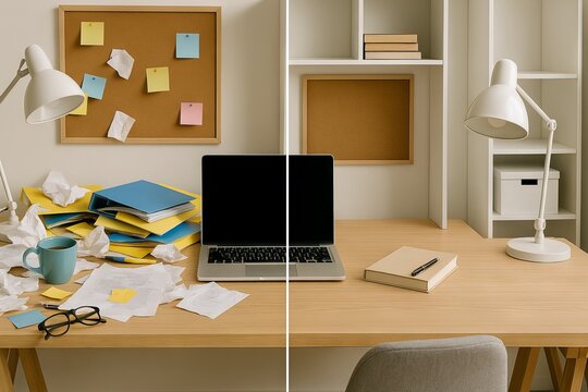 Before and after of home office desk organization with cluttered workspace transformed into clean minimalist setup. Concept of cleaning, productivity, home organization, workspace transformation - Powered by Adobe