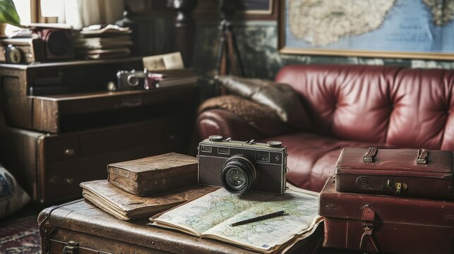 A vintage room with old cameras and travel essentials