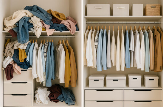 Before and after closet organization with messy piles of clothes transformed into tidy wardrobe with neatly arranged outfits. Concept of home storage, fashion organization, declutter