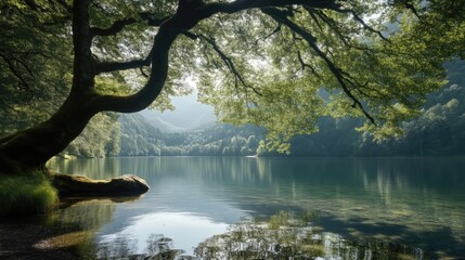 Serene lake nestled beneath a majestic tree canopy. Tranquil water reflects the surrounding forest.  Gentle sunlight filters through the leaves