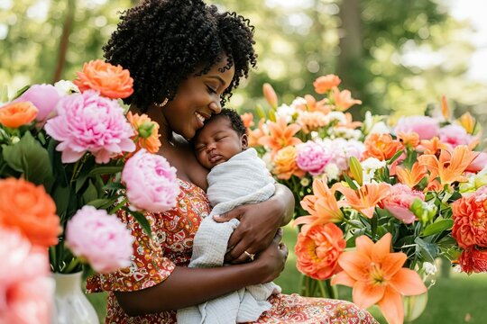 Tender moment on mother's day, african american mother cuddling baby surrounded by flowers. concept of maternal love, family bonding, parenthood, woman holding child