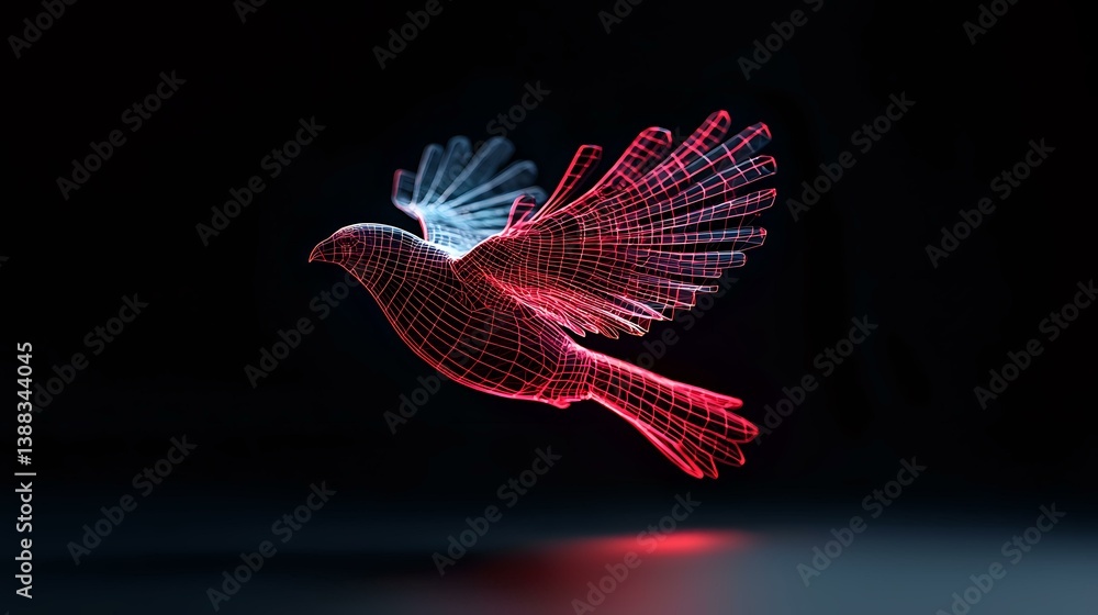 Poster glowing red wireframe dove in flight against dark background, digital art style with luminous geomet