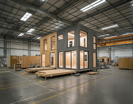 Modern prefabricated house construction in industrial warehouse. concept of sustainable architecture, innovative building techniques, efficient design, modular home