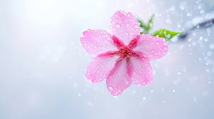 A single pink flower, covered in water droplets, is the focus. Its presented against a softly blurred background, suggesting a gentle rain. The image is high-quality, with soft lighting enhancing the