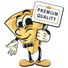 cute cheese cartoon isolated vektor illustration mascot character with a sign that says premium quality, work of hand drawn