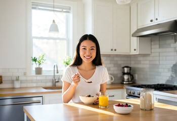 Smiling Asian woman having healthy breakfast with oatmeal and berries at sunny modern kitchen table. Concept of morning routine, clean eating, wellness lifestyle, balanced nutrition