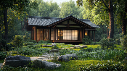  Tranquil Retreat in a Lush Garden: A serene Japanese-style house nestled within a flourishing garden, evoking peace and harmony through its architecture and natural surroundings. 