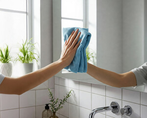 Woman cleaning bathroom mirror with blue microfiber cloth in bright modern interior. Concept of household cleaning, hygiene, spring cleaning, minimalist home care