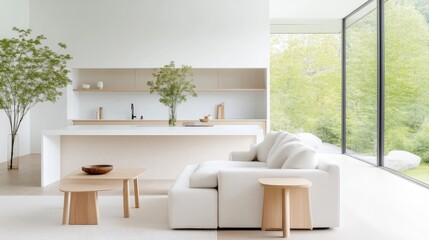 Fototapeta premium Modern minimalist living room with natural light and wood accents