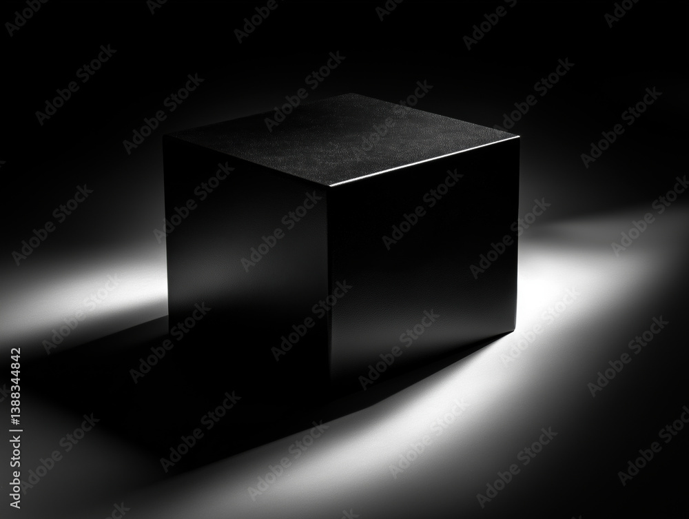 Aufkleber mysterious black cube illuminated by soft light in a dark space