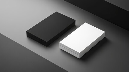 A monochrome scene featuring stacks of black and white business cards on a gray surface with shadows