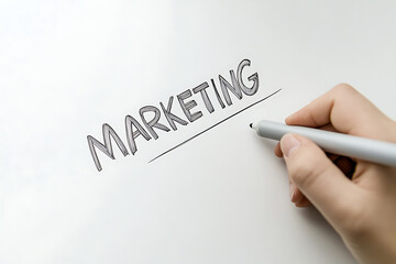 The word "Marketing" hand-drawn on a white background. It is underlined by a hand holding a pen in the bottom right corner.