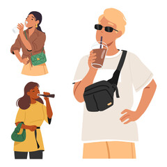 Stylish people diverse cartoon characters drinking fresh water, cool soda and chocolate cocktail set