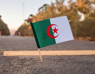 Algerian flag on roadside with desert landscape and trees in background