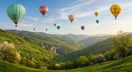Naklejka premium Hot Air Balloons Flying Over Green Valley with Waterfall Landscape
