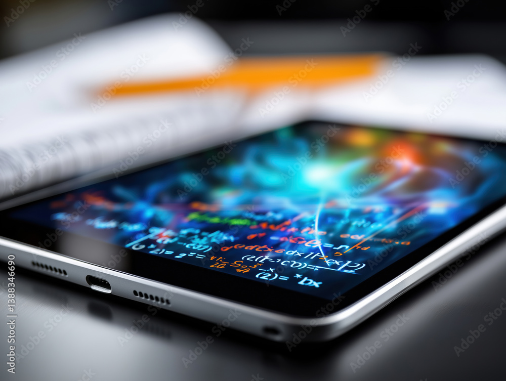Aufkleber digital tablet displaying complex equations on a desk during study session
