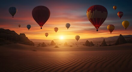Fototapeta premium Hot Air Balloons Flying Over Desert Landscape at Sunrise Adventure