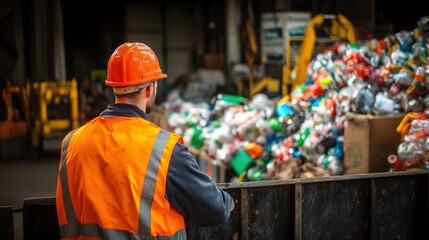 Worker working in recycling center with recyclable waste.