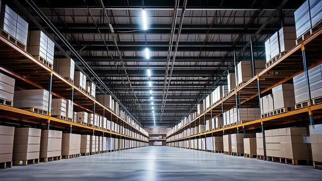 Large Warehouse with Stacked Boxes on Shelves and Bright Industrial Lighting

