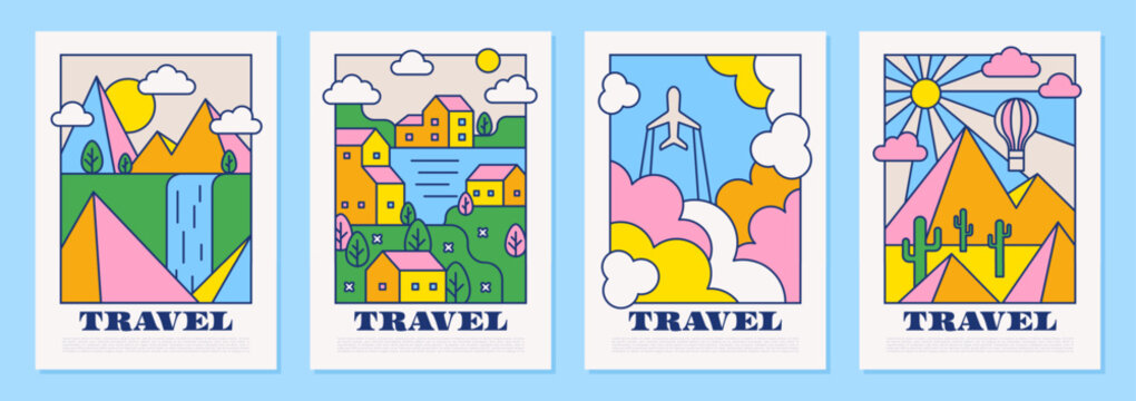 Set of cute summer cards with various landscapes, mountains, houses, plane in the clouds, hot air balloon and cacti. Bright, colorful flat illustrations perfect for  greeting cards, posters