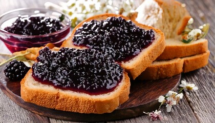 sliced bread with blackberry jam spread AI generated