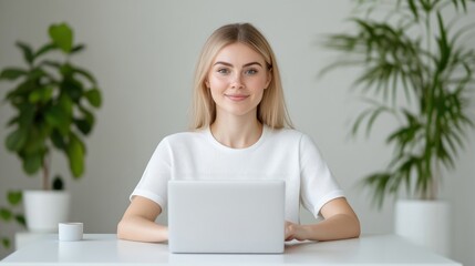A professional woman sitting at a white desk using a laptop in a modern office setting with green plants in the background, and focused and efficient.