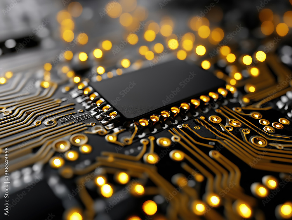 Poster close-up view of circuit board with glowing components in dark setting
