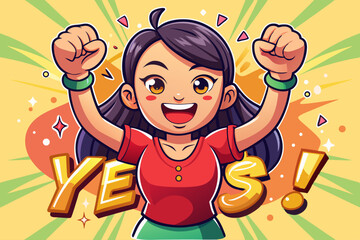 Naklejka premium vector of Amazing and excited fantasy asian girl with winning pose, celebrating clenched fists and saying yes on simple colorful background