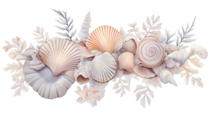 Obraz premium Cute seashells arrangement in soft pastel tones, delicate and clean layout, PNG on white background