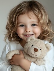 Smiling Caucasian toddler girl with curly blonde hair hugging beige teddy bear, wearing white sweater against neutral background. Natural childhood portrait.