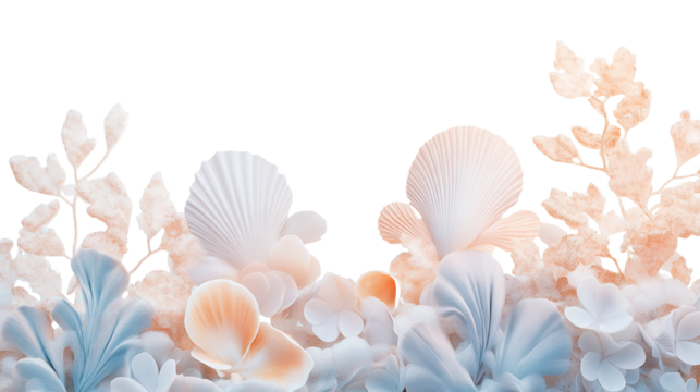 Cute seashells arrangement in soft pastel tones, delicate and clean layout, PNG on white background