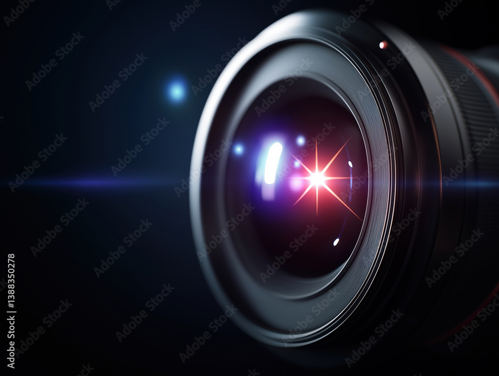 Aufkleber close-up view of a camera lens glowing in a dark setting with bright reflections
