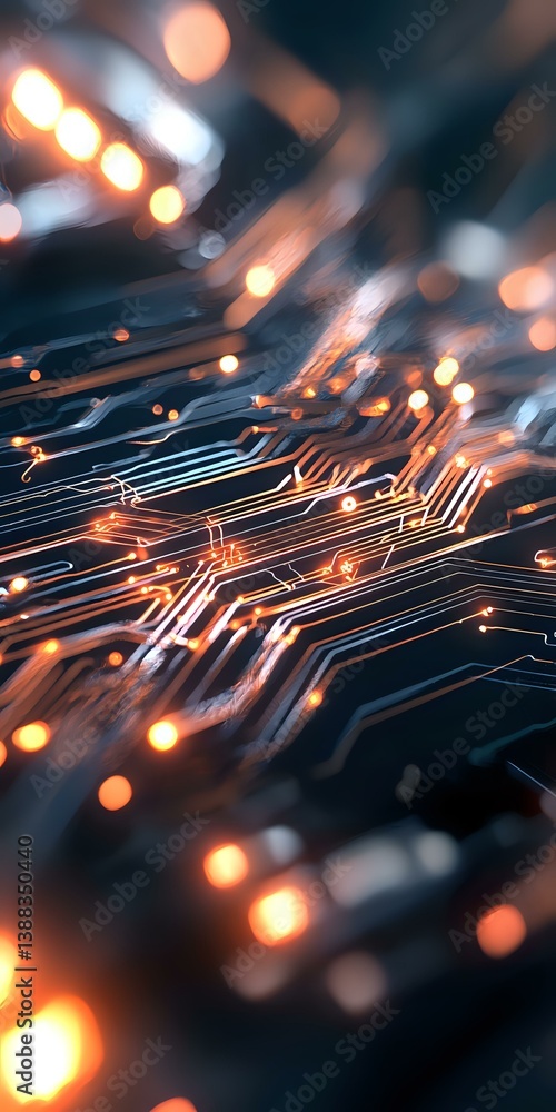 Poster glowing orange circuit paths on dark background with bokeh light effects create futuristic technolog