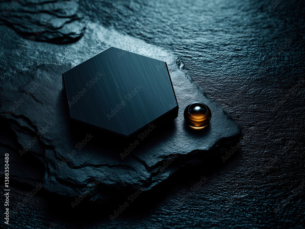 Poster dark, textured surface with a hexagonal object and softly lit reflective sphere