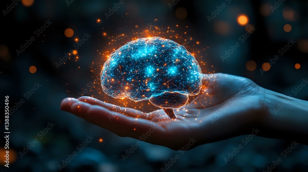 Poster glowing blue brain hologram floating above open palm with magical sparkles and energy particles agai