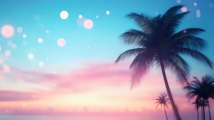 Dreamy tropical sunset with palm tree silhouettes against pink and blue sky with glowing bokeh lights creating magical summer atmosphere. Perfect for vacation themes.