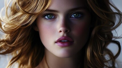 Naklejka premium Young caucasian female with curly blonde hair and blue eyes