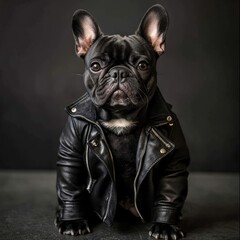 A stylish French Bulldog dons a black leather jacket, exuding an edgy attitude against a dark backdrop, Perfect for pet-themed marketing, social media posts, or fashion content,