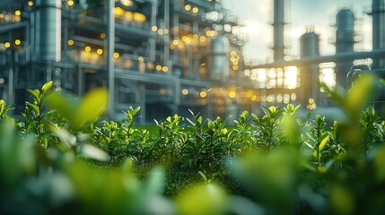 A conceptual design of a carbon capture plant on an offshore platform, surrounded by the ocean and green energy sources.