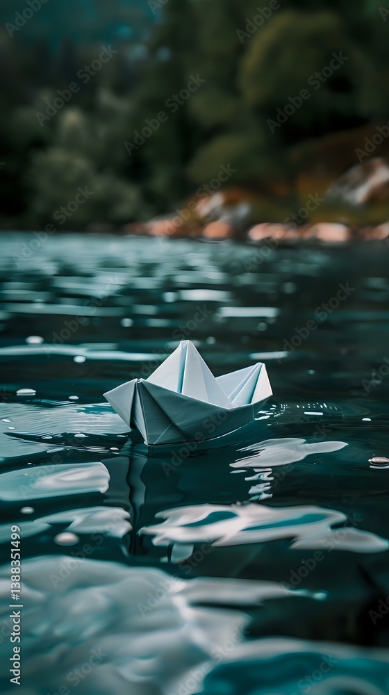 Poster white paper boat floating on dark turquoise water surface with bokeh reflections and ripples, creati