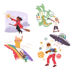 Playful overjoyed kids cartoon character enjoying fantasy games using wide imagination isolated set