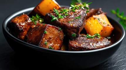 Fototapeta premium Hearty, savory stew with roasted potatoes