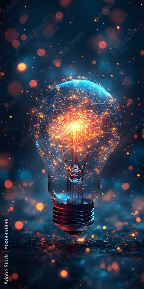 Poster glowing lightbulb with network of illuminated connections forming global map inside, orange and blue