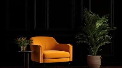 Obraz premium Modern, moody living room with mustard-yellow armchair