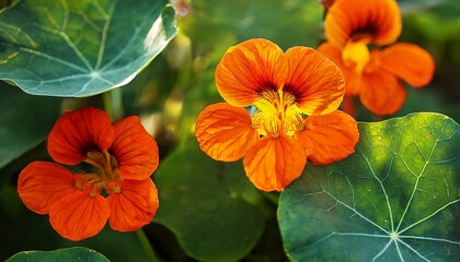 nasturtium plant with orange flowers growing in the garden