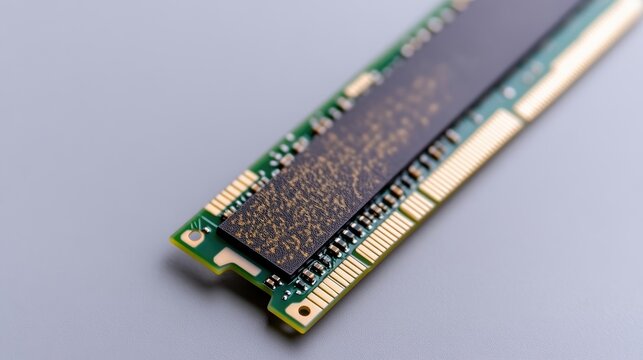 A single RAM module is shown, featuring a dark-colored memory chip on a green circuit board with gold connectors. The image is sharply focused, showcasing high resolution detail. The style is clean a