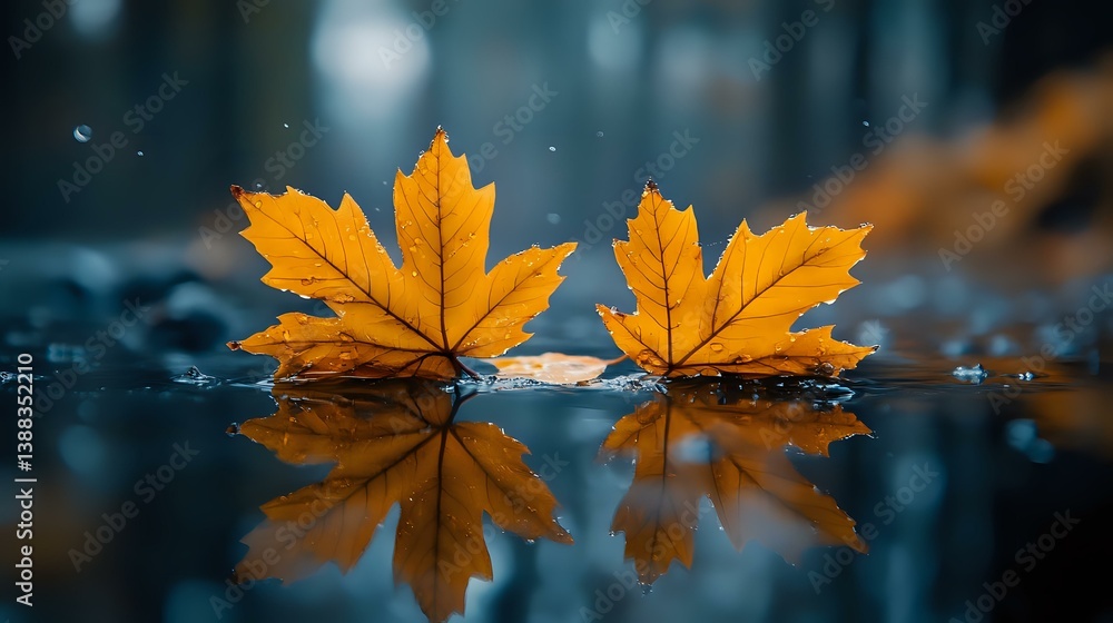 Poster vibrant yellow maple leaves floating on dark water surface with mirror reflection, creating symmetri