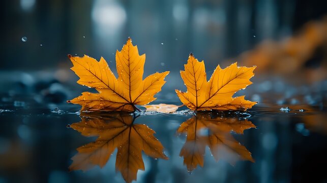 Vibrant yellow maple leaves floating on dark water surface with mirror reflection, creating symmetrical nature composition in moody autumn atmosphere.