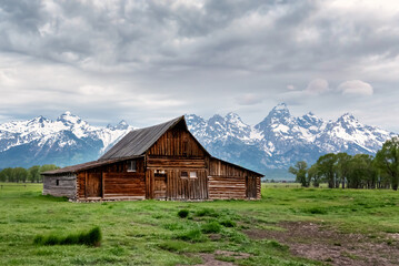 Mormon Row in Jackson Hole, Wyoming on a partially cloudy day