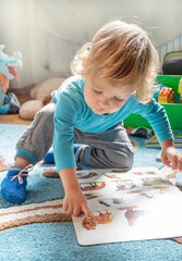 Cute little child boy reading books about animals, sitting on the floor, at home